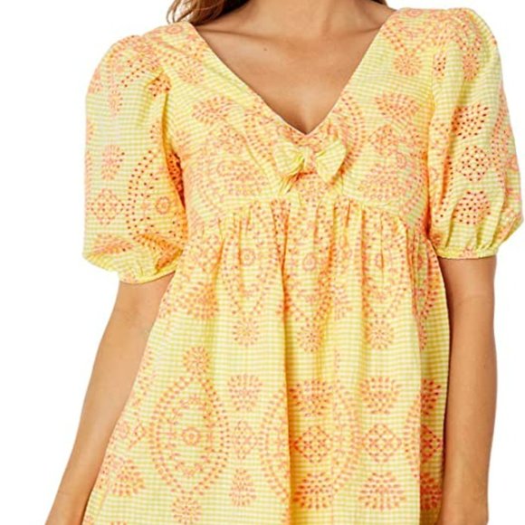 Lilly Pulitzer Dresses & Skirts - NWT Lilly Pulitzer Sarafina Short Sleeve Eyelet Calla Yellow Gingham Seersucker